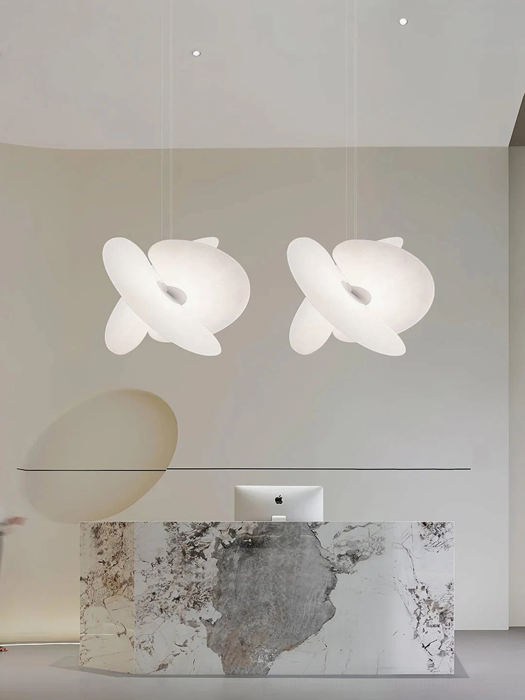 Dual Levante pendant lighting set in modern home workspace, matte white paired disc lamps minimalist modern style