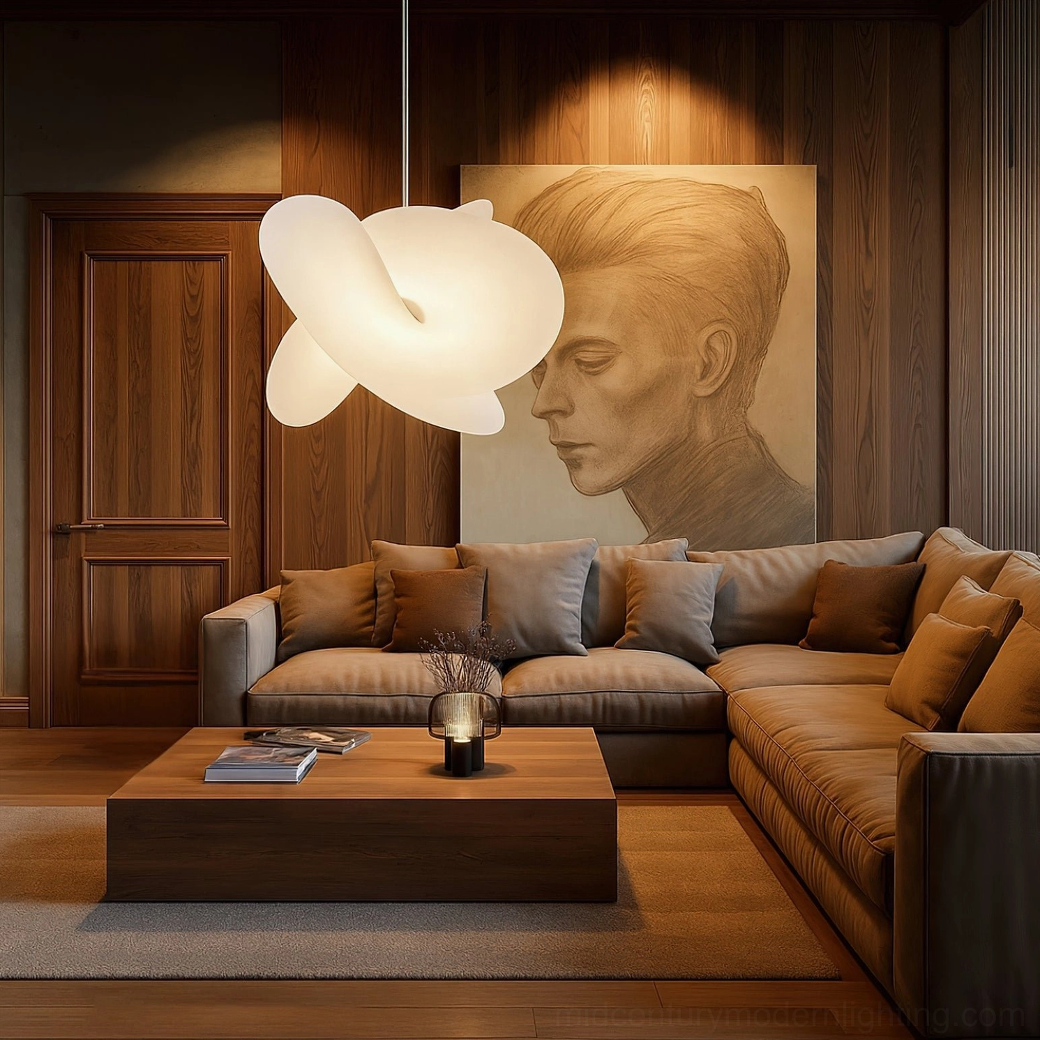 Levante silk pendant light architectural detail, close-up view of overlapping sculptural panels and diffusion