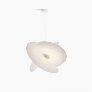 Levante silk pendant light front studio view, sculptural organic disc design with matte white finish