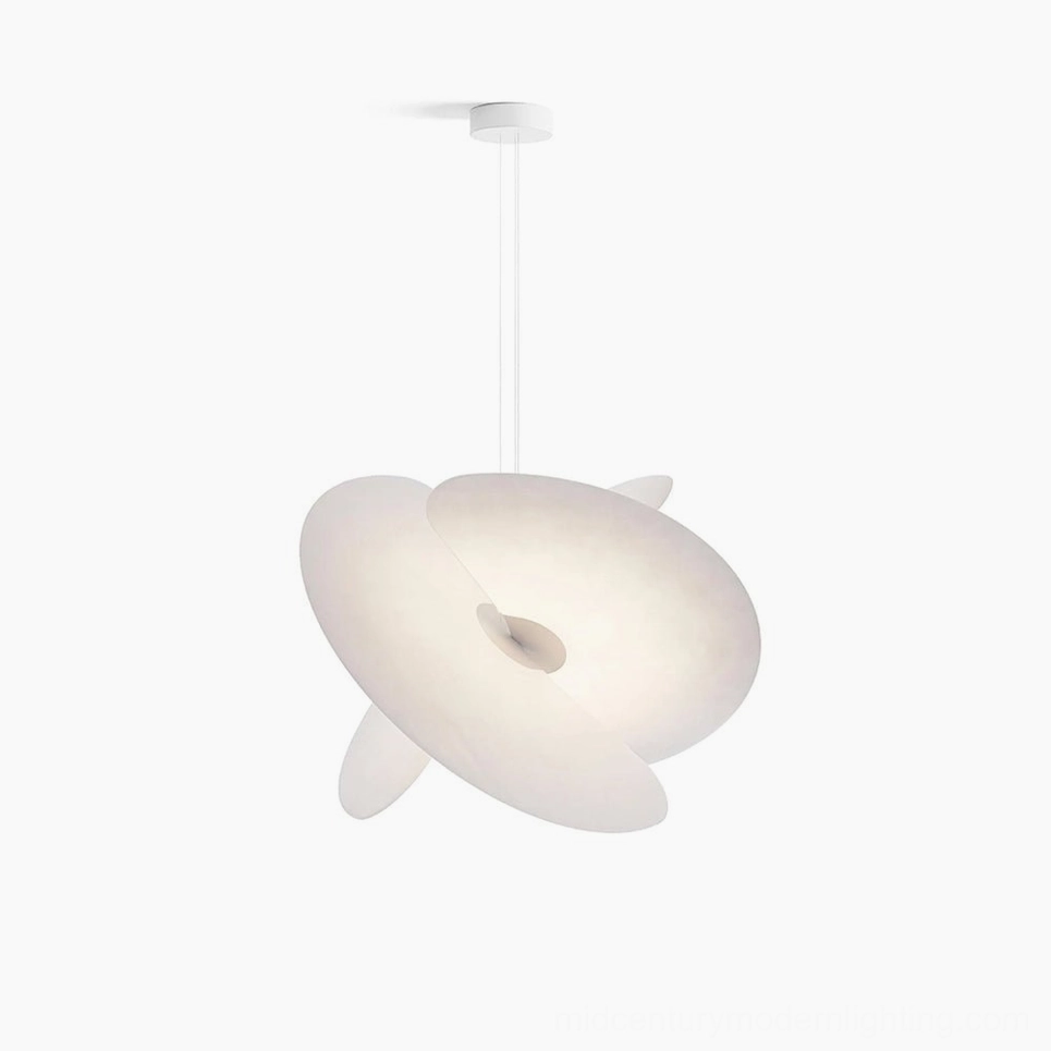 Levante silk pendant light front studio view, sculptural organic disc design with matte white finish