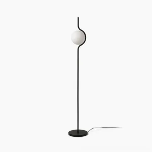 Black matte Levita mid-century modern floor lamp with frosted glass shade, full frontal view on white background
