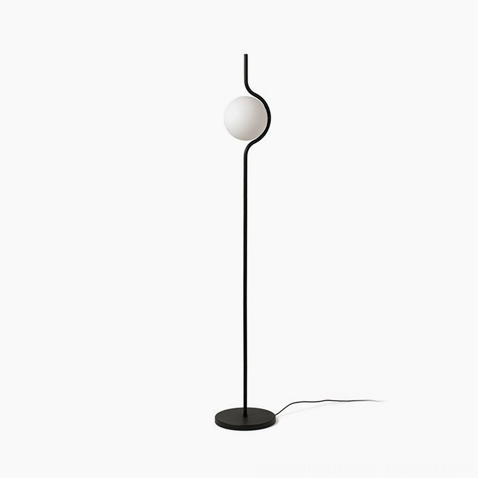 Black matte Levita mid-century modern floor lamp with frosted glass shade, full frontal view on white background