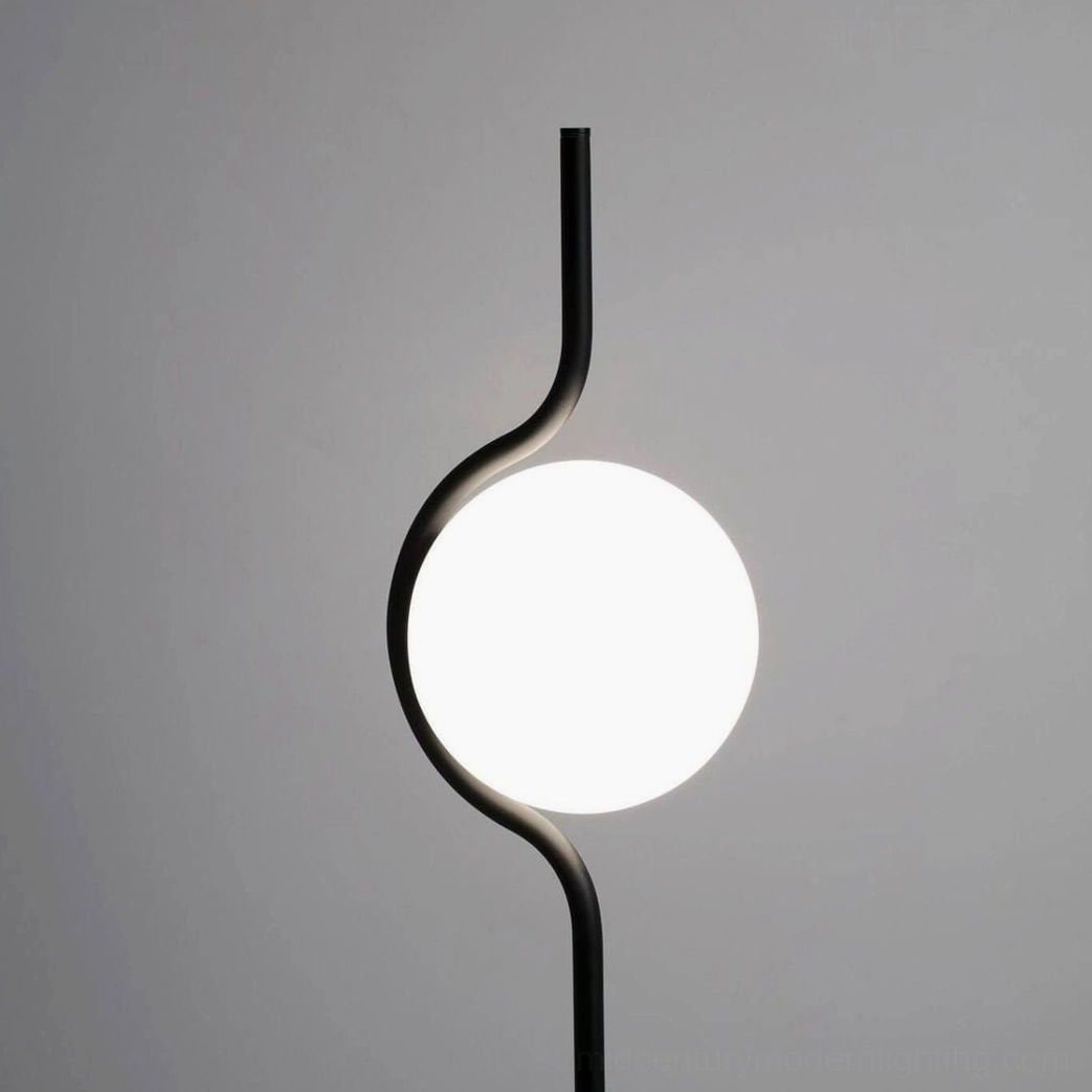 Close-up detail of black Levita floor lamp showing curved metal stem and spherical frosted glass shade