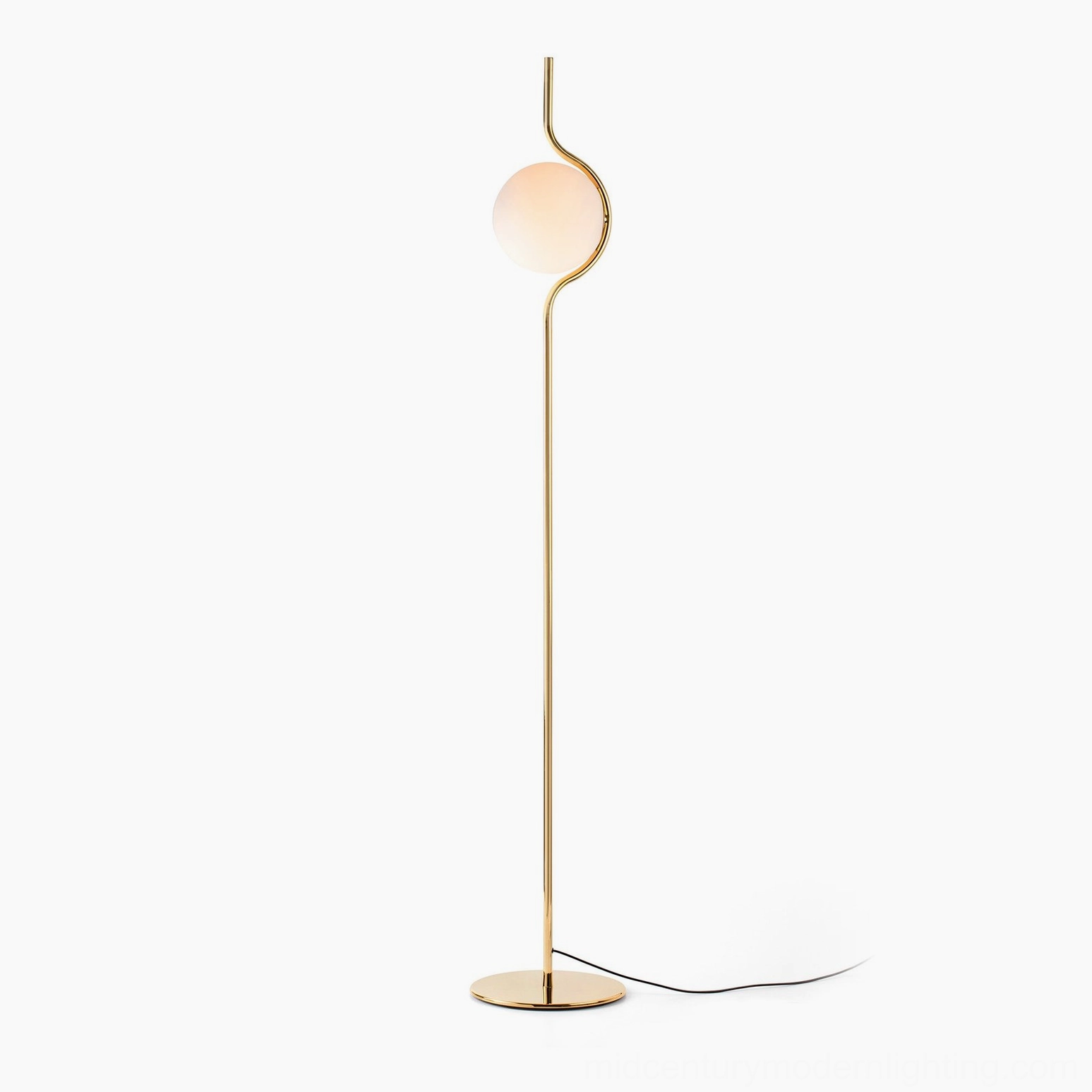 Gold brass Levita mid-century modern floor lamp with polished metal frame and curved pole design, frontal view