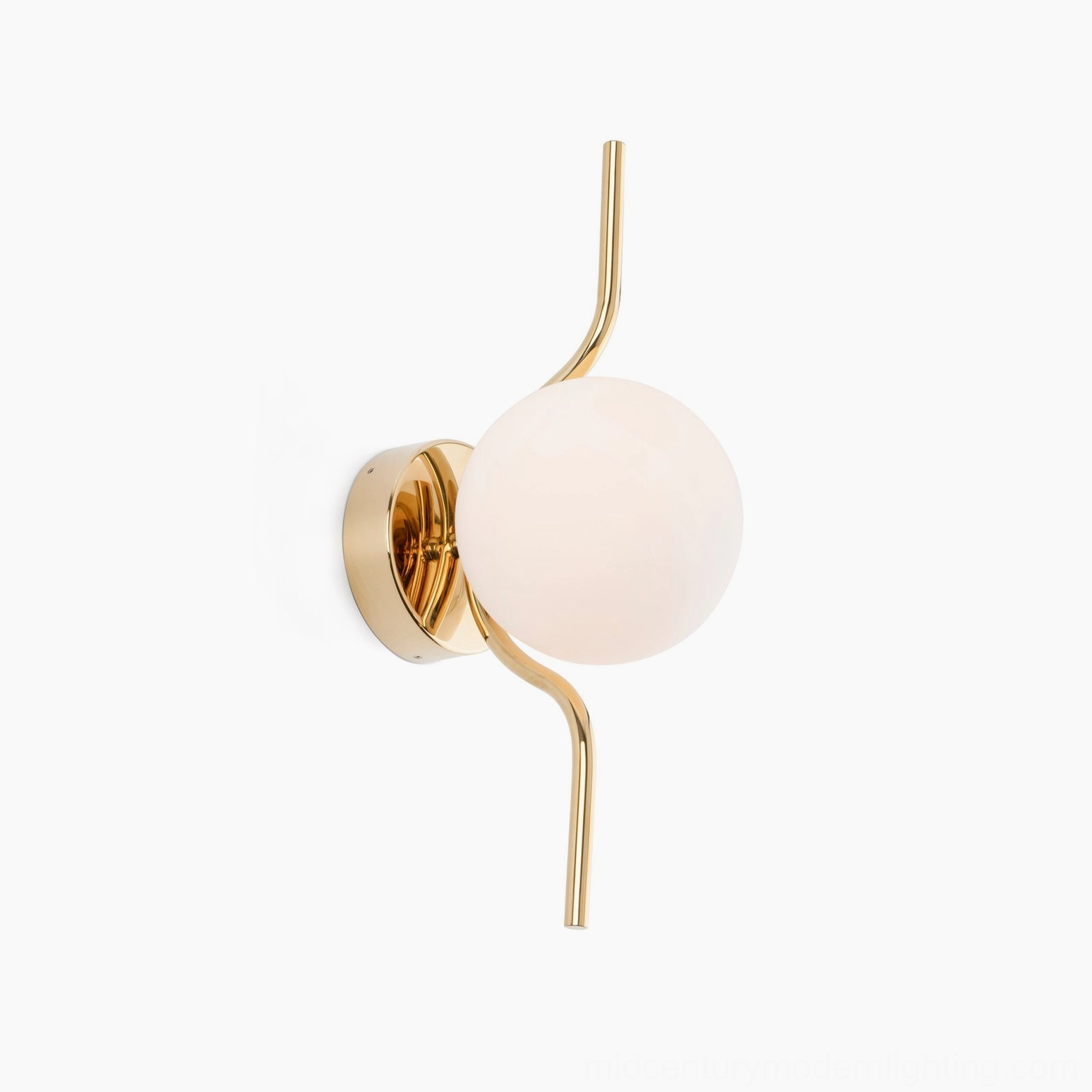 Levita elegant curved gold metal arm wall lamp with milky frosted glass globe, front studio photograph