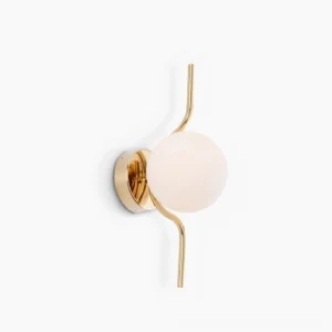 Levita minimalist gold globe wall sconce with curved metal arm and frosted glass diffuser, front studio view