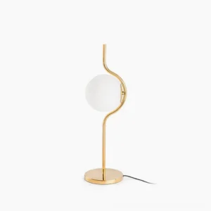 Levita mid-century modern table lamp with polished gold metal frame and frosted white glass sphere diffuser - studio product shot