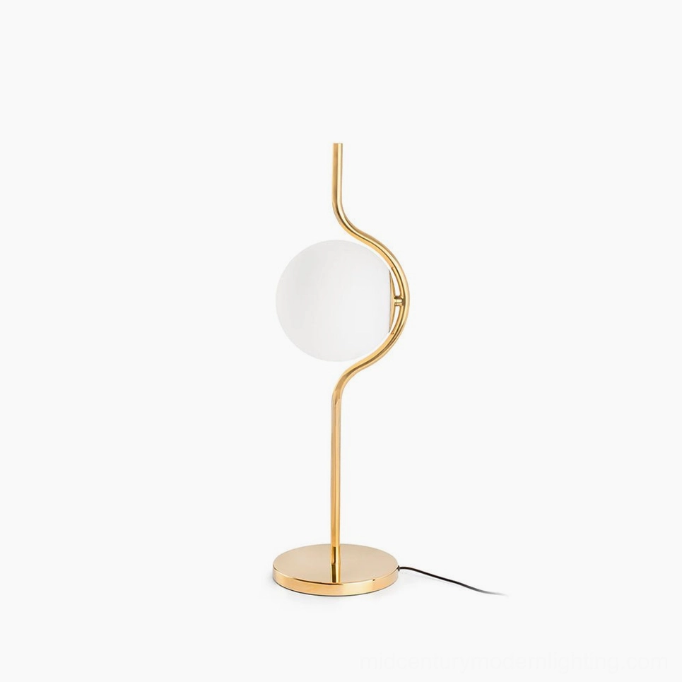 Levita mid-century modern table lamp with polished gold metal frame and frosted white glass sphere diffuser - studio product shot