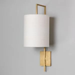 Lewes aged brass wall light with rectangular mounting plate and linen shade
