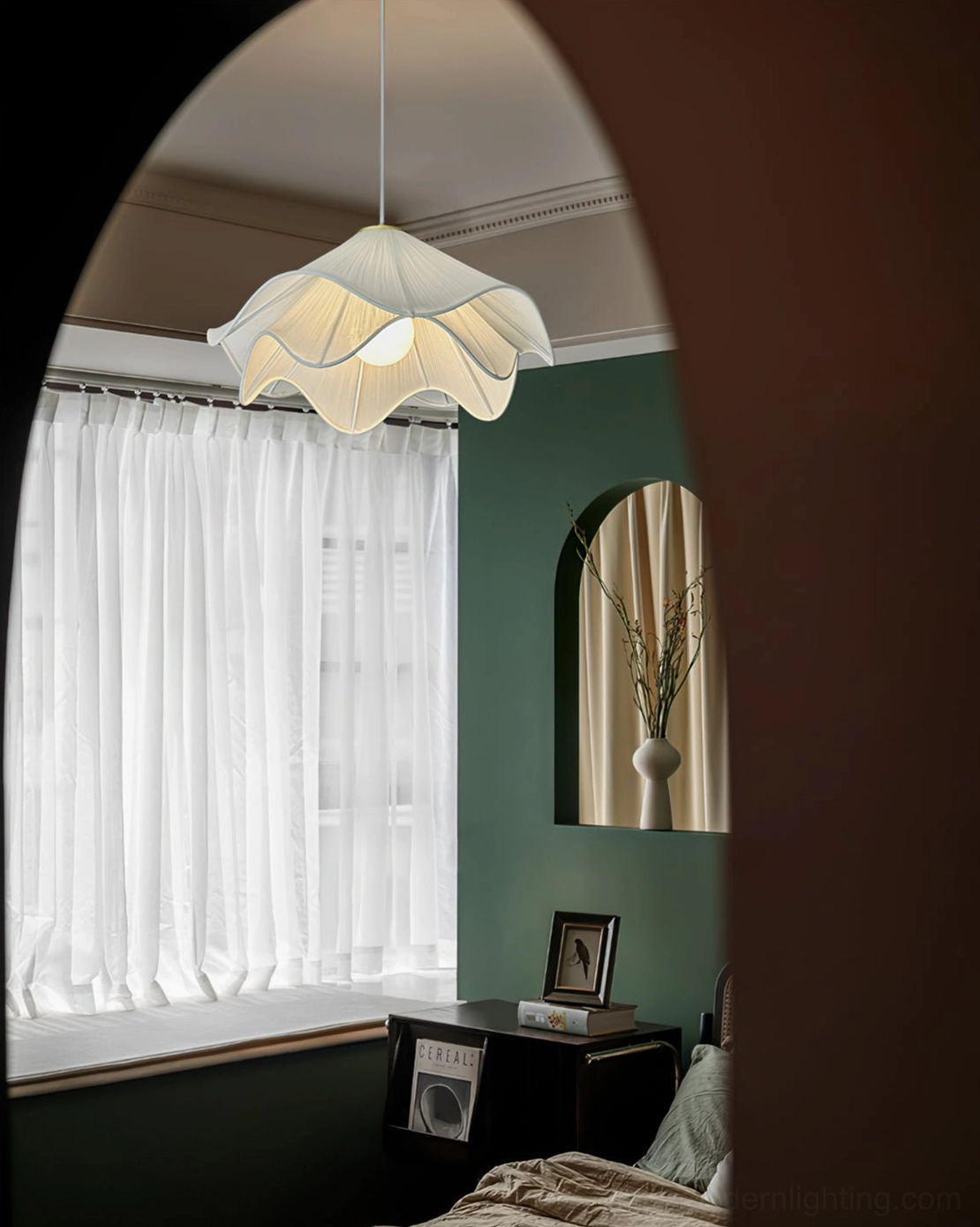 Lia contemporary pleated pendant lamp displaying the complete sculptural profile and balanced proportions of the mid-century modern inspired design