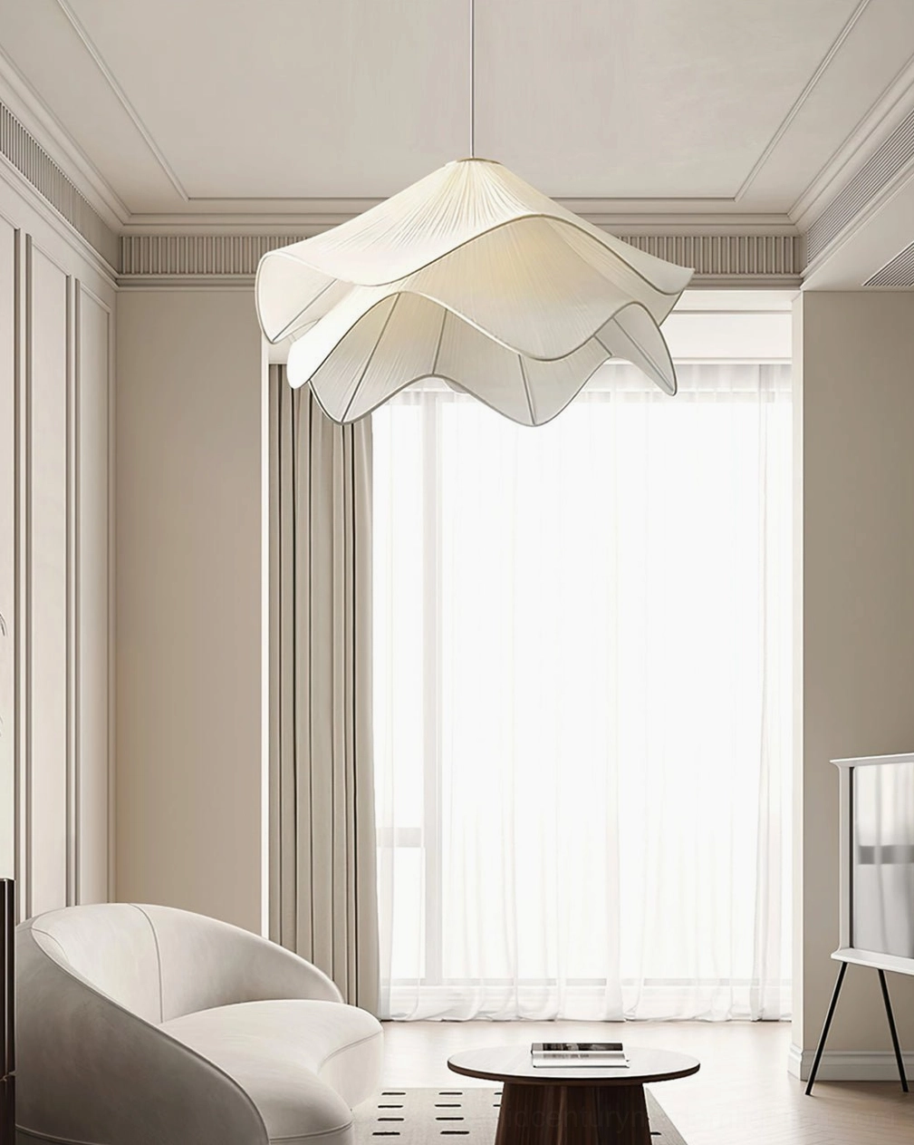 Lia fabric pendant lamp showcase featuring the distinctive pleated flower shape and soft diffused light characteristics of the design