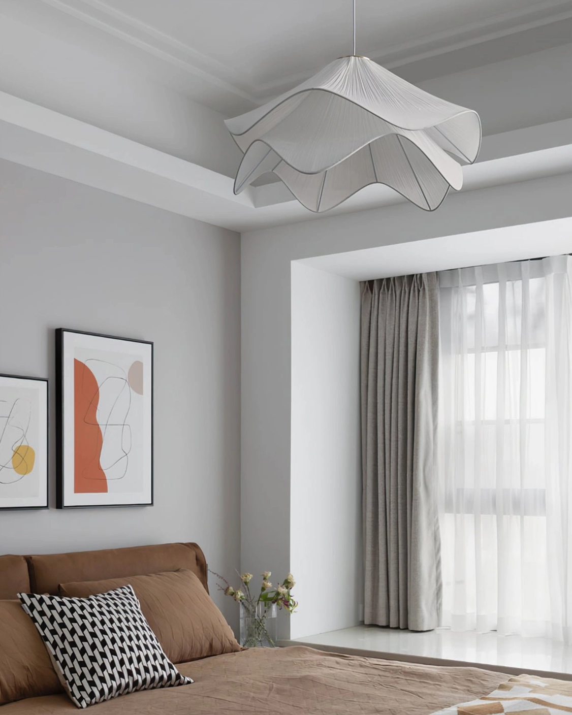 Lia mid-century modern pleated pendant light displaying sculptural fabric shade design and contemporary hanging fixture aesthetics