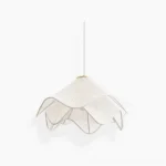 Lia pleated pendant lamp in off-white fabric, hanging side view against studio white background, showing delicate flower-like pleated design