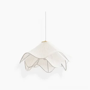 Lia pleated pendant lamp in off-white fabric, hanging side view against studio white background, showing delicate flower-like pleated design