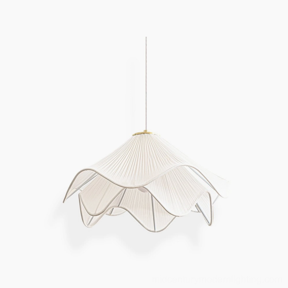 Lia pleated pendant lamp in off-white fabric, hanging side view against studio white background, showing delicate flower-like pleated design