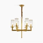 Liaison brass chandelier with six glass shades, front overhead view on white background