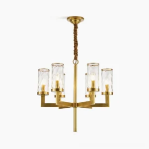Liaison brass chandelier with six glass shades, front overhead view on white background