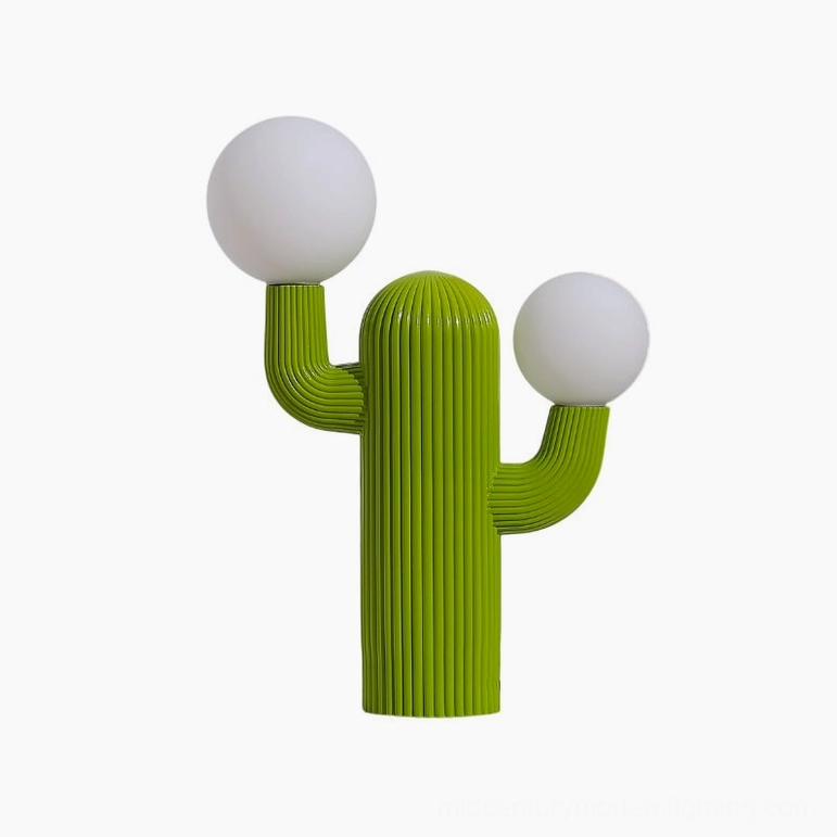 Light green sage cactus table lamp with contemporary design, showcasing soft color and sculptural botanical form