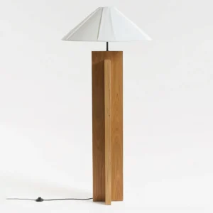 Light oak wood floor lamp with crossbase geometric design and white linen shade, minimal scandinavian style