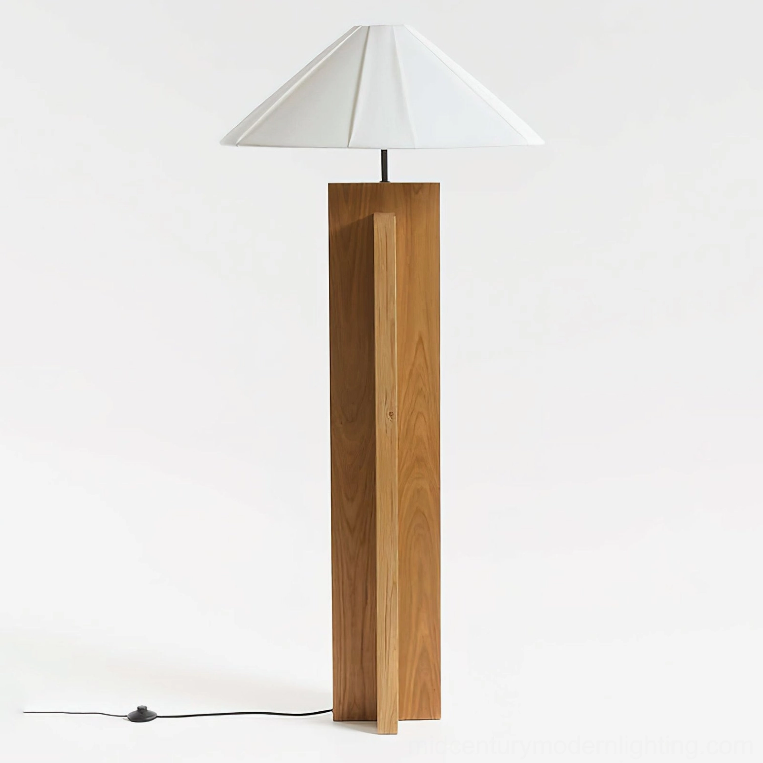 Light oak wood floor lamp with crossbase geometric design and white linen shade, minimal scandinavian style