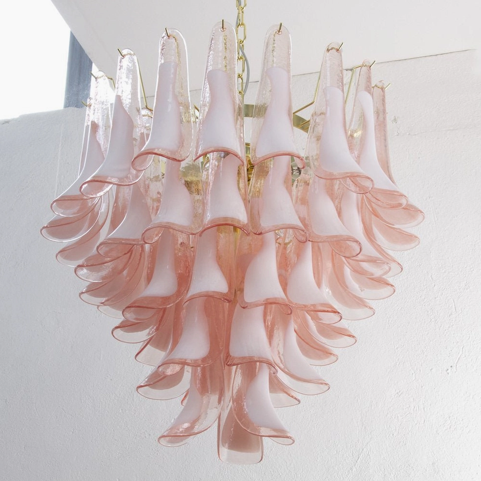 Light Pink Petal Rain Chandelier side low angle view, translucent glass petals, gold chain