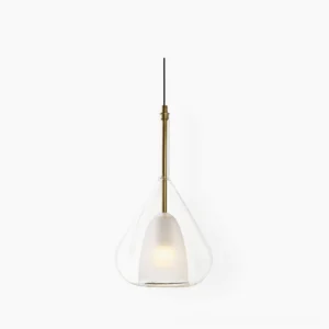Lila teardrop pendant light with clear glass shade and gold metal fixture, modern minimalist design studio shot