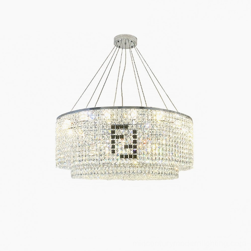 Large 120cm round crystal chandelier with two-tier chrome metal frame and cascading faceted crystal elements