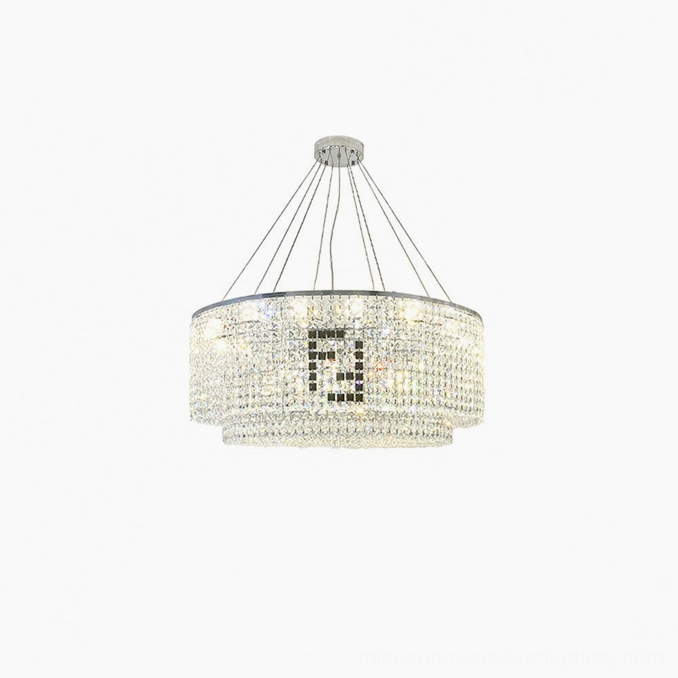 Small 60cm round crystal chandelier, compact modern design with chrome metal frame and light-refracting crystal elements