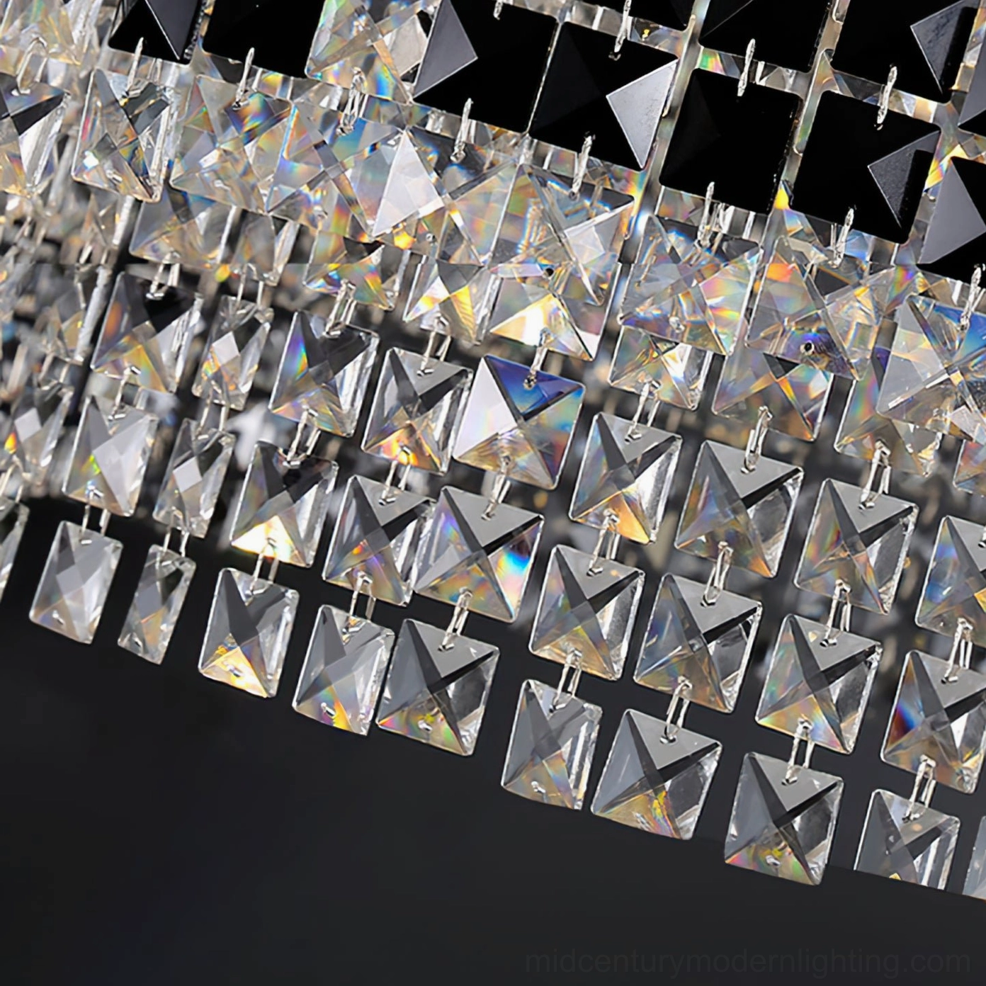 Liliana rectangular crystal chandelier showing crystal pendant arrangements and light refraction