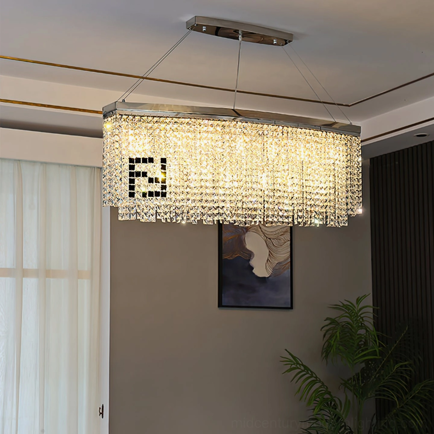 Liliana rectangular crystal chandelier in minimalist modern living area with sophisticated design