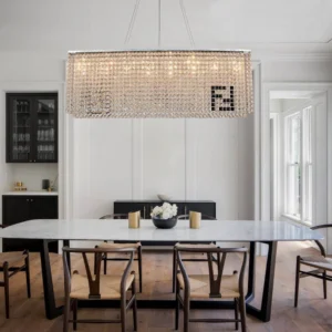 Liliana modern crystal chandelier installed in contemporary luxury dining room setting