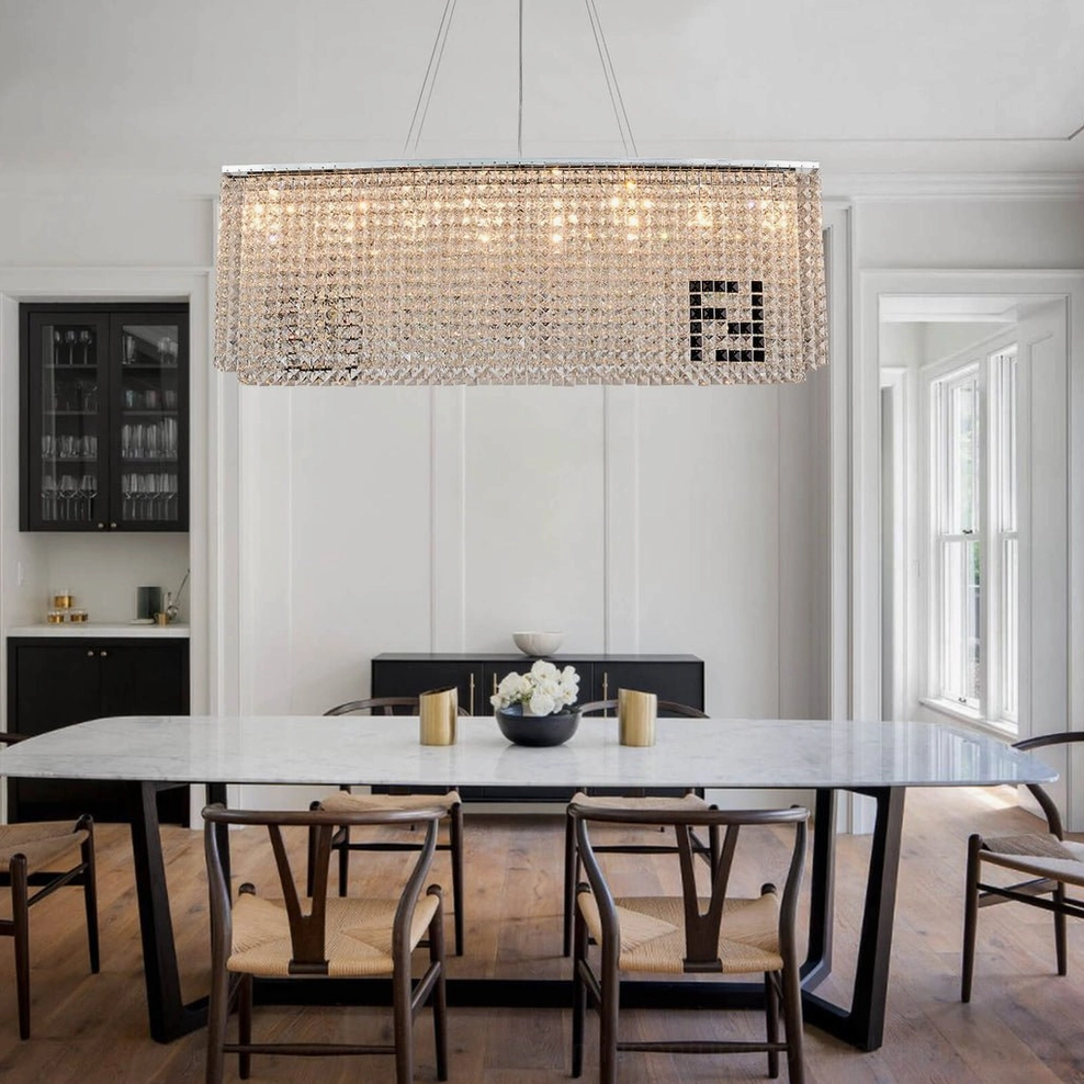Liliana modern crystal chandelier installed in contemporary luxury dining room setting
