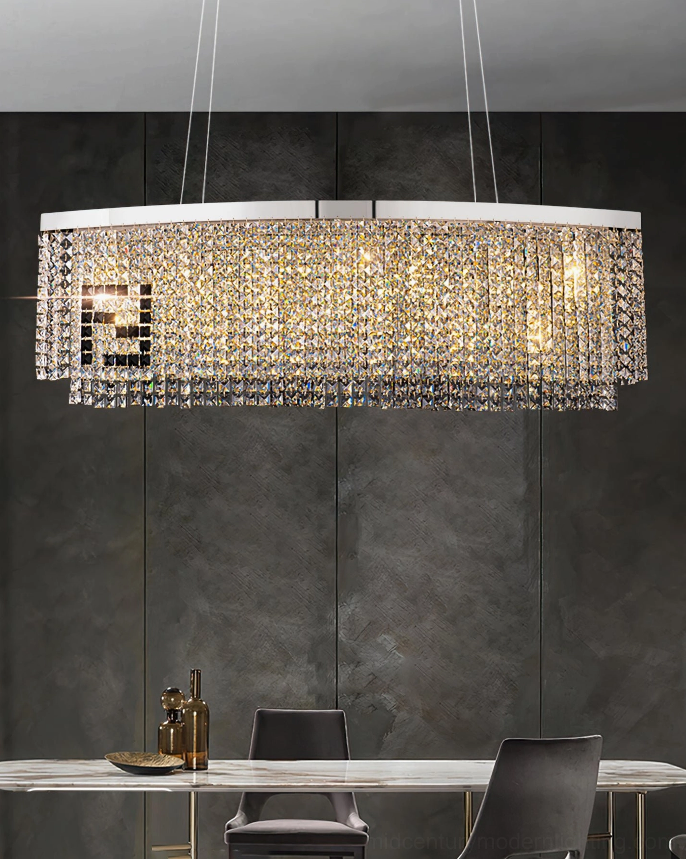 Liliana rectangular crystal chandelier underview of crystal arrangement and light distribution
