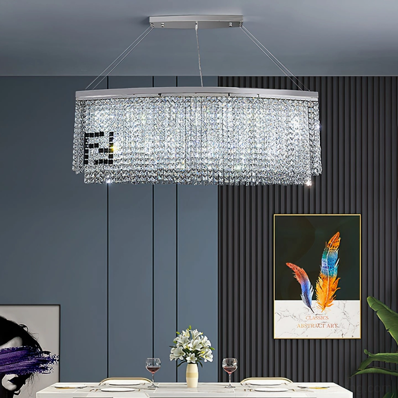 Liliana modern rectangular crystal chandelier detail view chrome frame and crystals