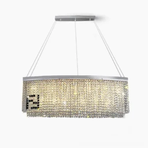 Liliana rectangular crystal chandelier front view with polished chrome frame and crystal pendants