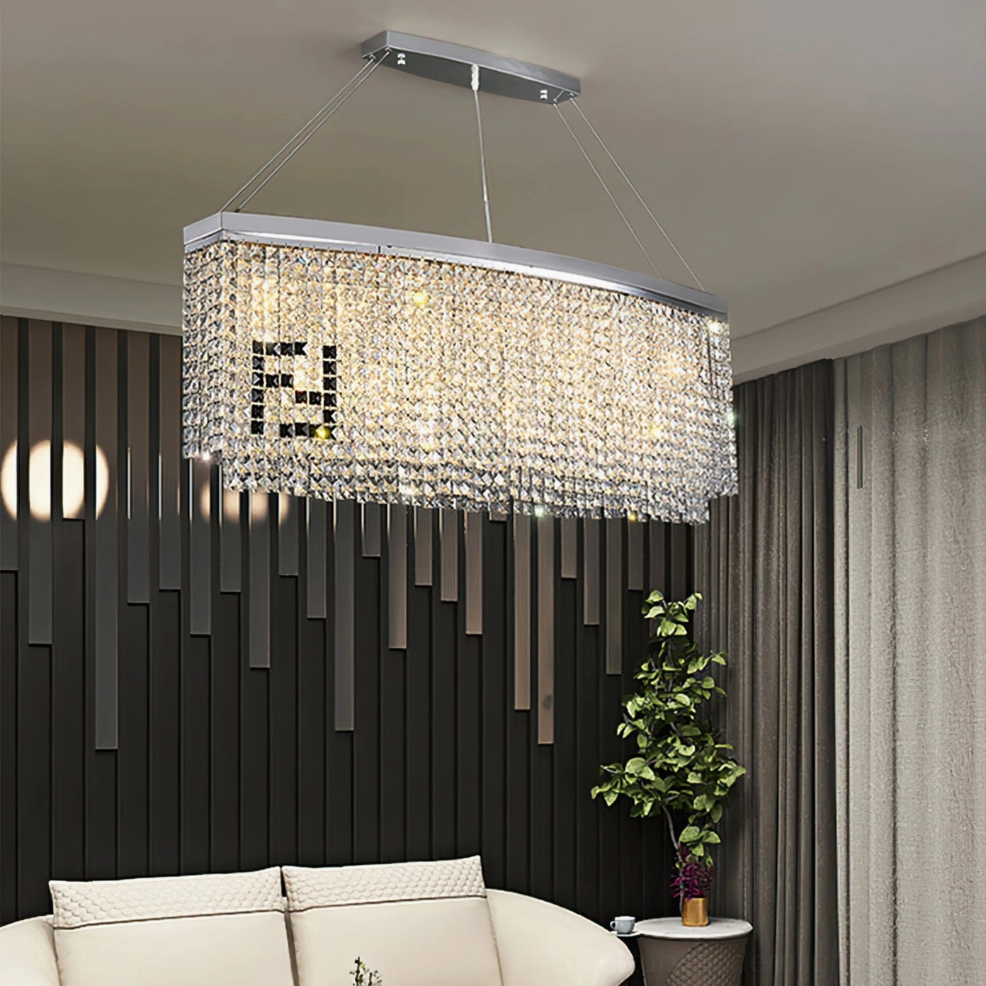 Liliana rectangular crystal chandelier in contemporary modern living room setting