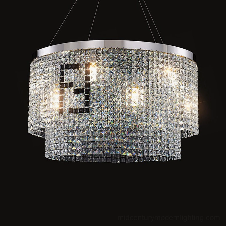 Compact two-tier round crystal chandelier on black background, illuminated to showcase sparkling crystal facets and luxury lighting