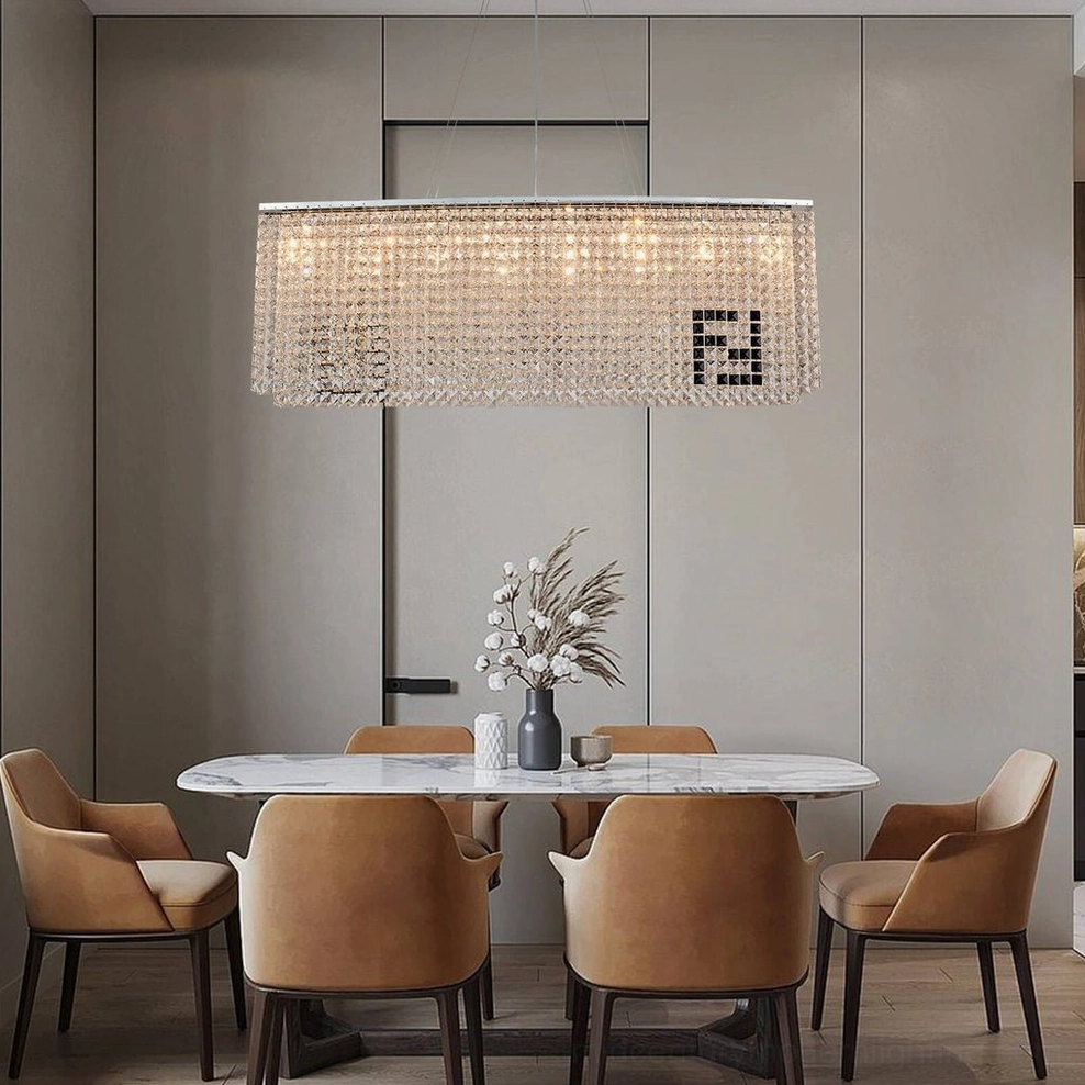 Liliana rectangular crystal chandelier side view showcasing warm crystal glow and lighting