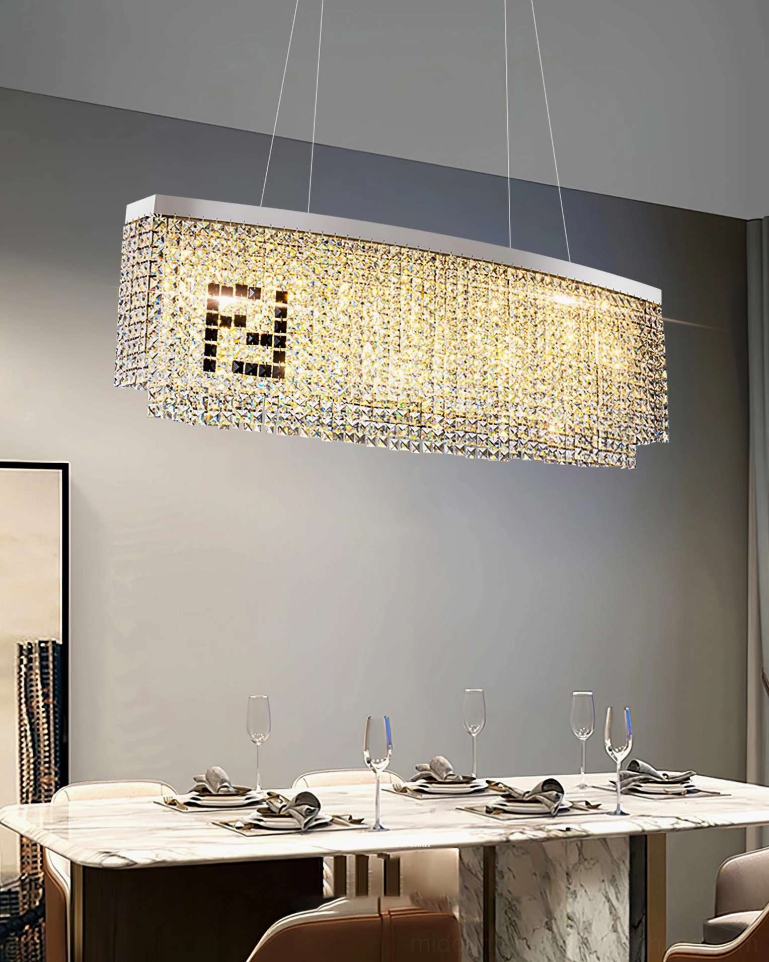 Liliana modern crystal chandelier suspended view showing suspension chain and installation