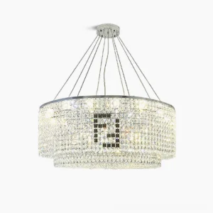 Liliana round crystal chandelier two-tier design with chrome metal frame and faceted clear crystals on white studio background