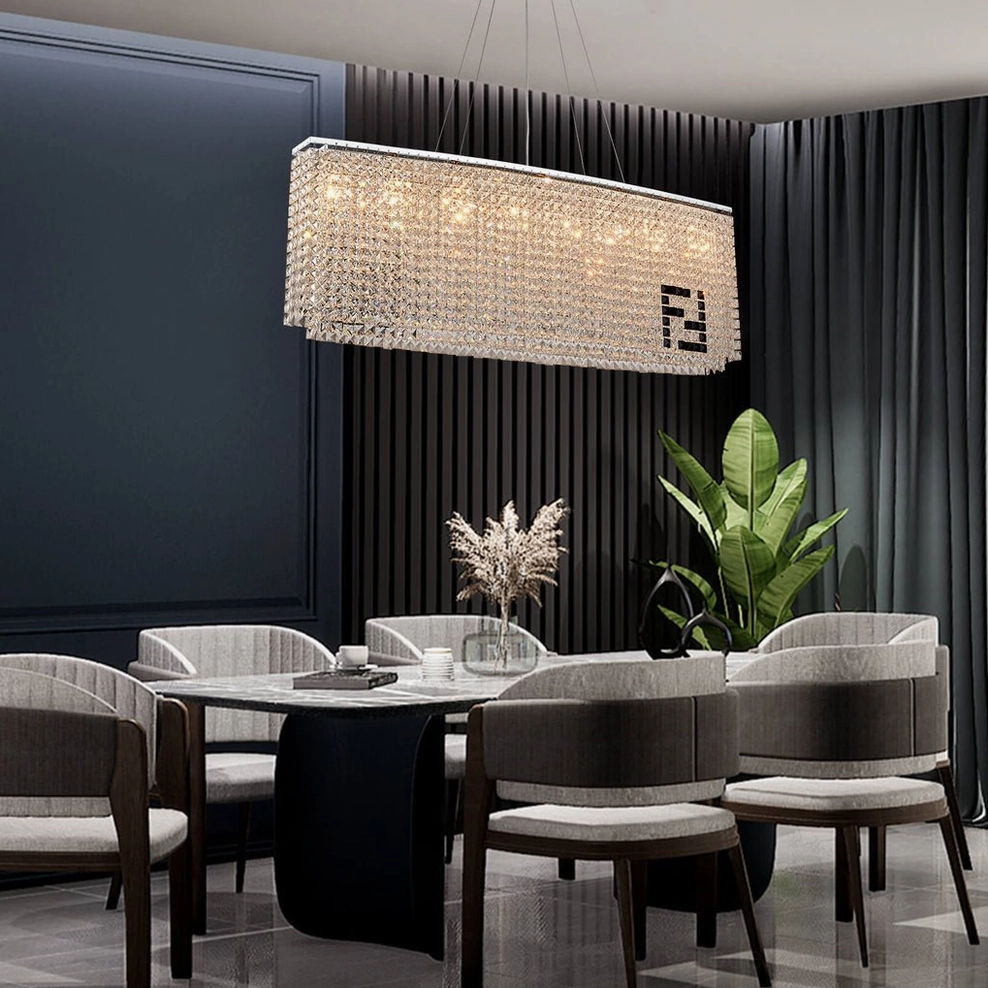 Liliana rectangular crystal chandelier with fringed crystal design in high-end dining lounge