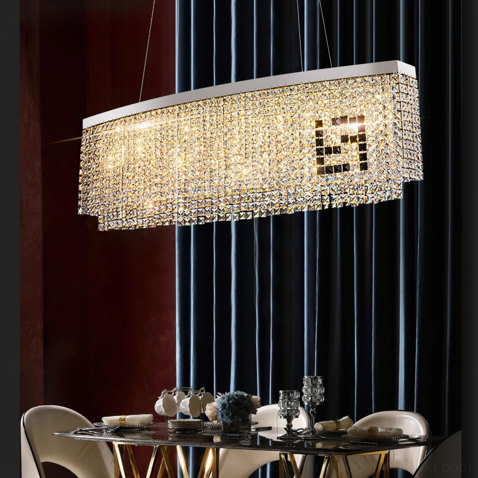 Liliana luxury rectangular crystal chandelier in sophisticated dark tone dining room