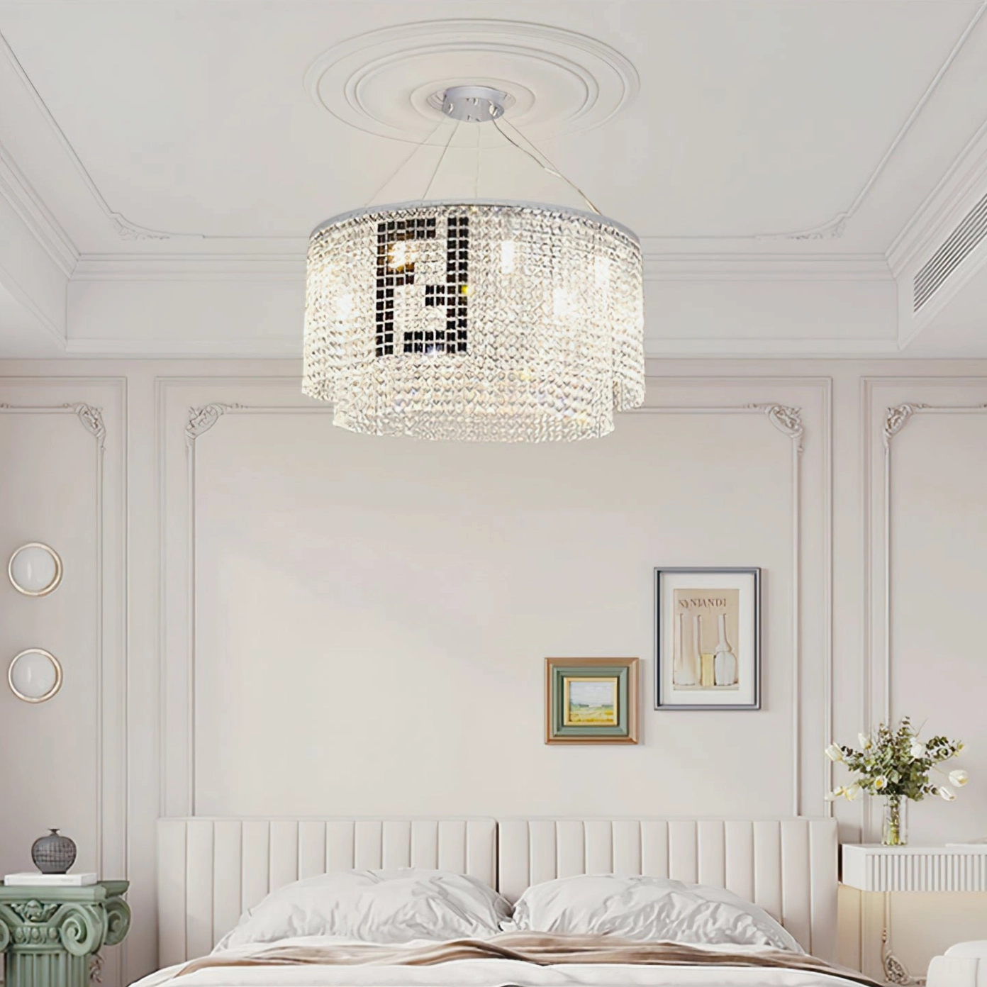 Single-tier round crystal chandelier in French-style bedroom with white wainscoting and minimalist pendant design