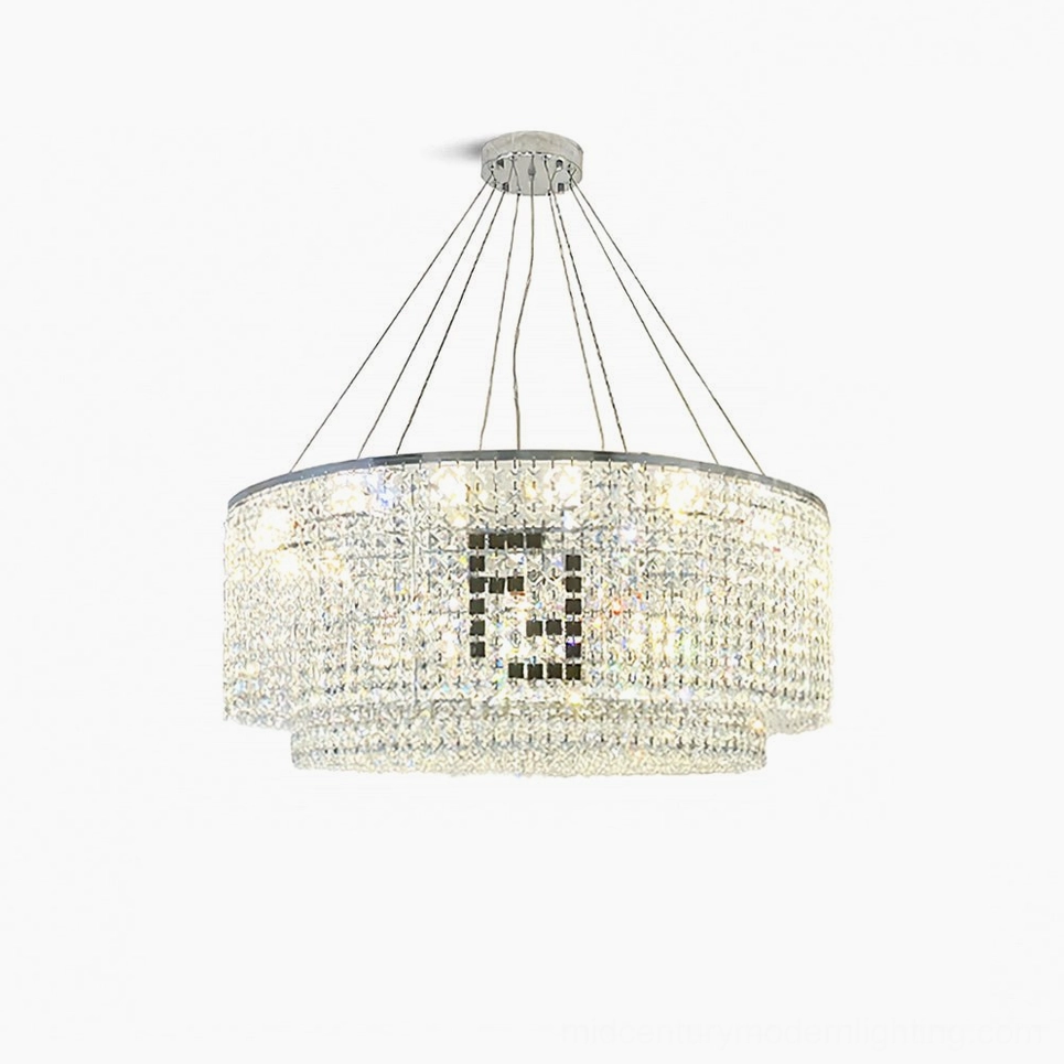 Liliana round crystal chandelier full view showcasing minimalist modern design, chrome finish, and premium crystal construction