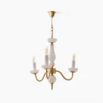 Lillianne 3-head brass candle chandelier front view with white ceramic candle holders on white background