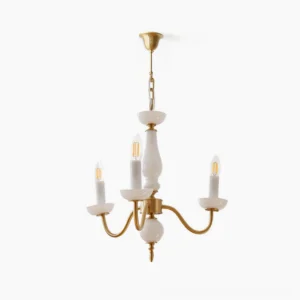 Lillianne 3-head brass candle chandelier front view with white ceramic candle holders on white background
