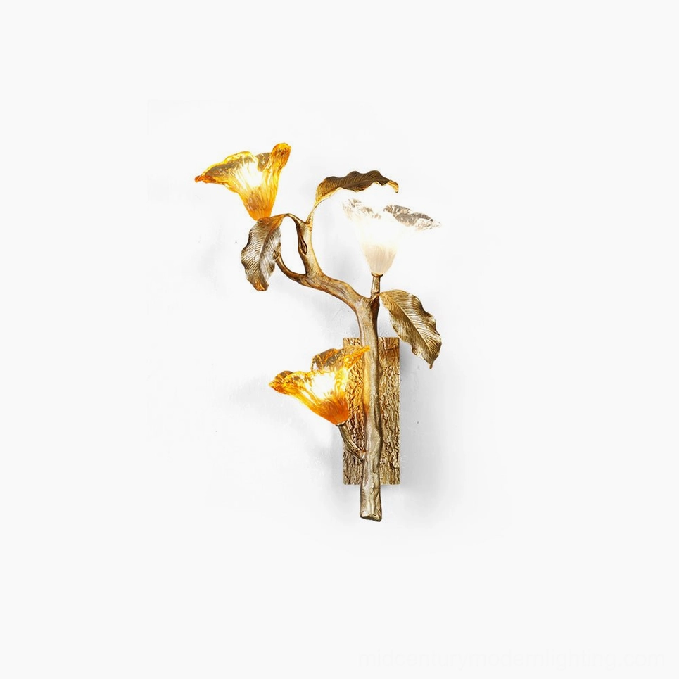 Lily Branch brass wall sconce with three hand-shaped glass blooms - front studio view with white background