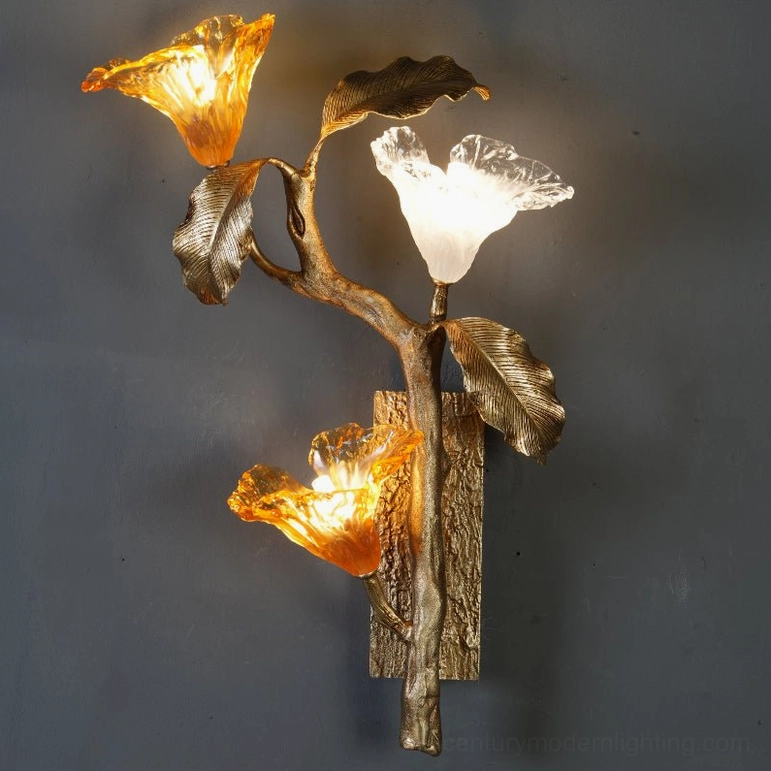 Brass and amber lily branch wall sconce full product view - L 16.5 inch W 7.5 inch H 26.4 inch