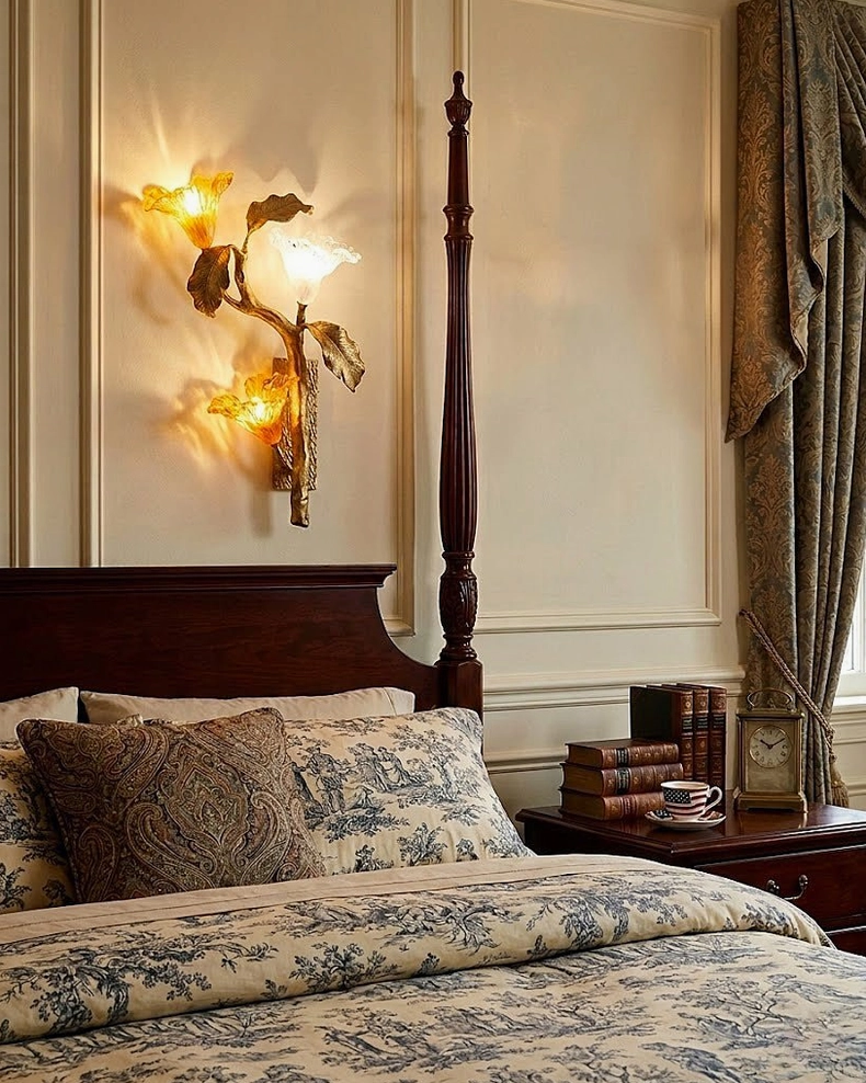 Hand-cast brass lily branch sconce mounted in traditional four-poster bedroom interior with warm ambient lighting