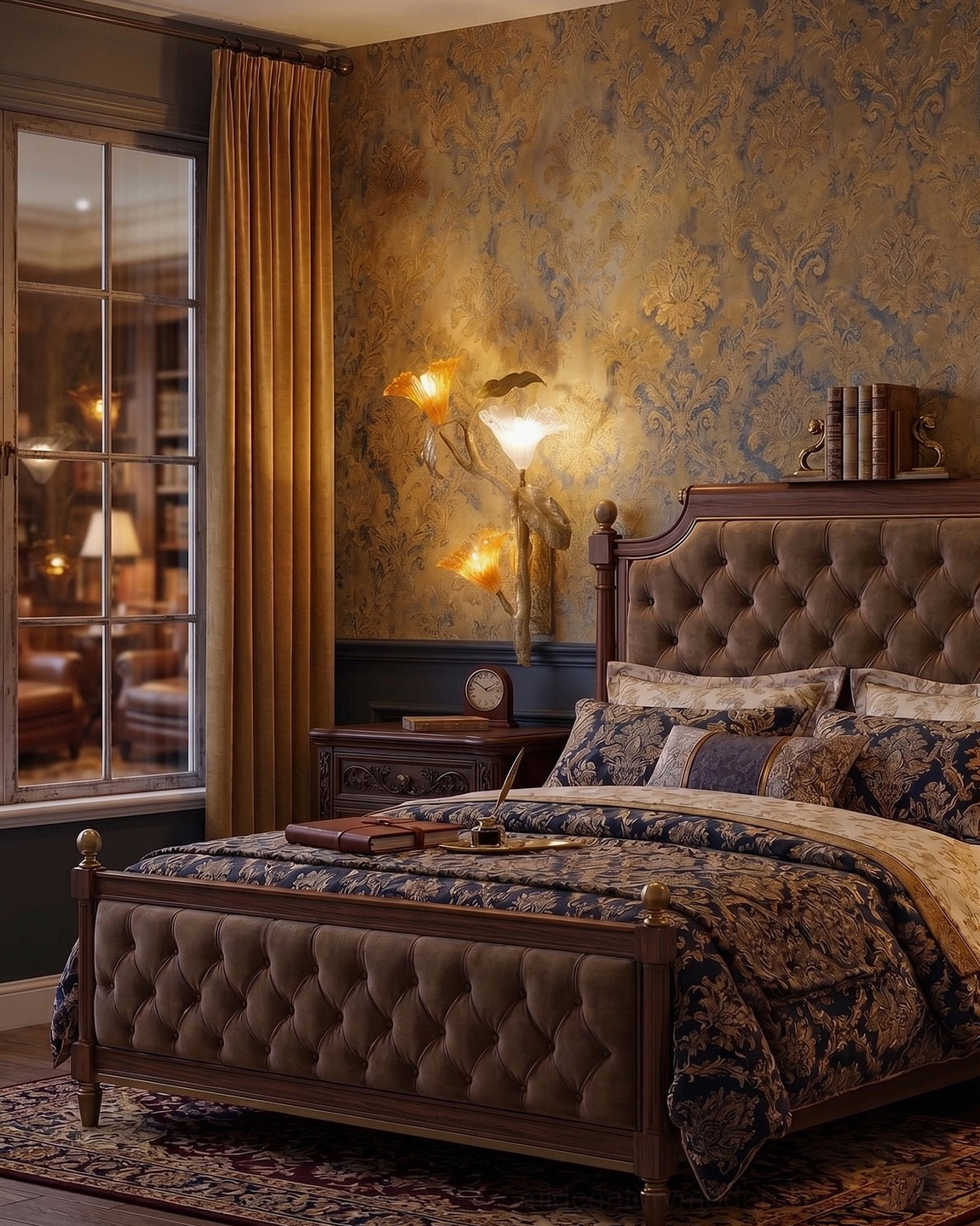 Hand-cast brass lily branch sconce in luxury master bedroom with tufted dark wood bed headboard